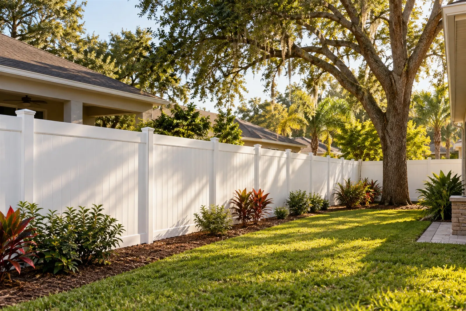 White vinyl privacy fence along a landscaped Florida yard