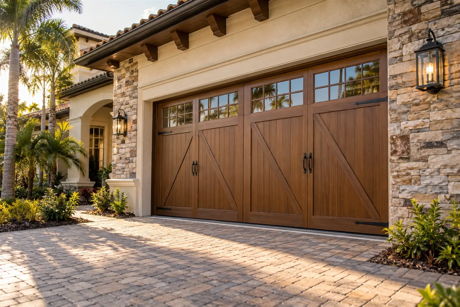 Wood-look garage door on a stone and stucco Florida home