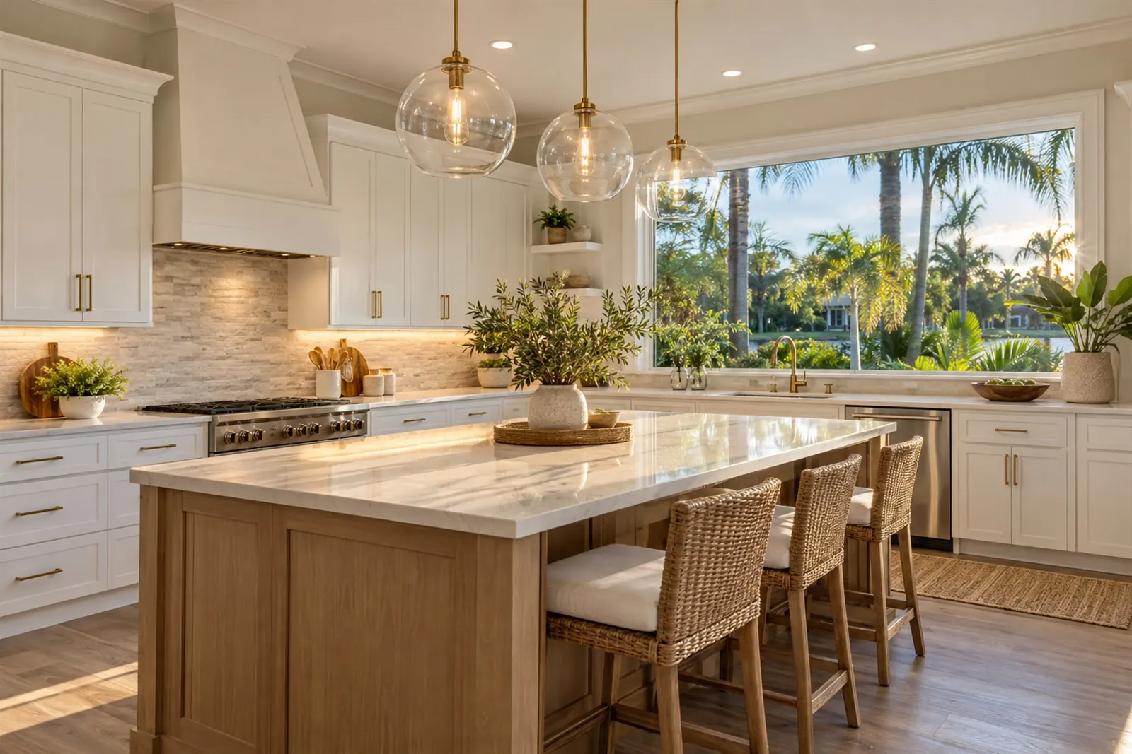 Bright kitchen with a large island and pendant lights