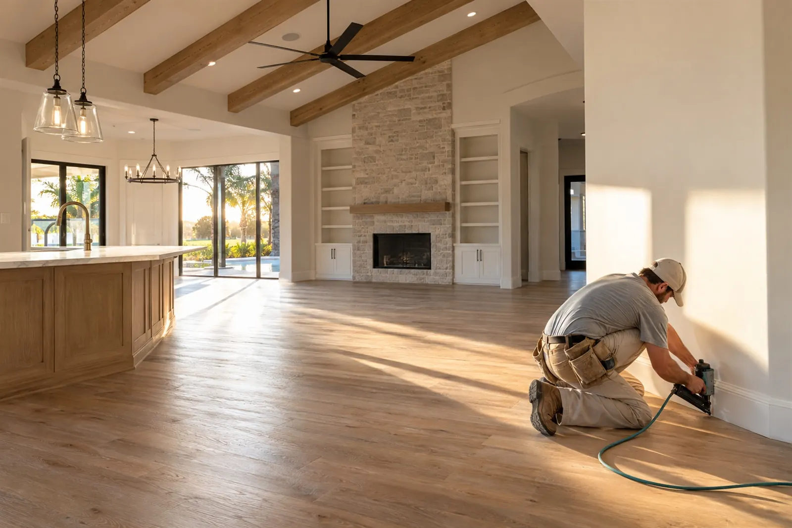 Carpenter fitting baseboard in an open-plan living room